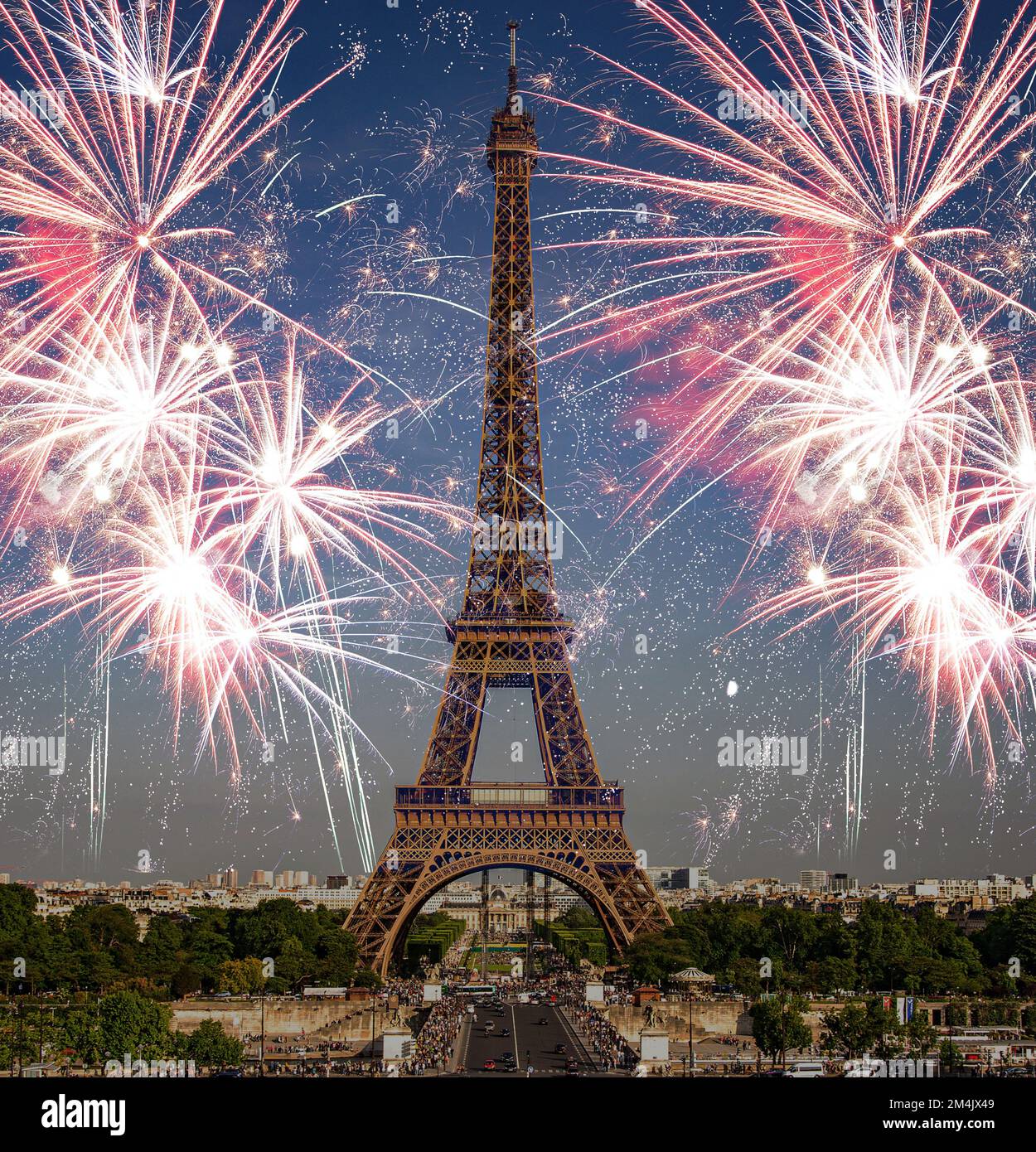 fireworks over the Eiffel tower New Year in Paris Stock Photo