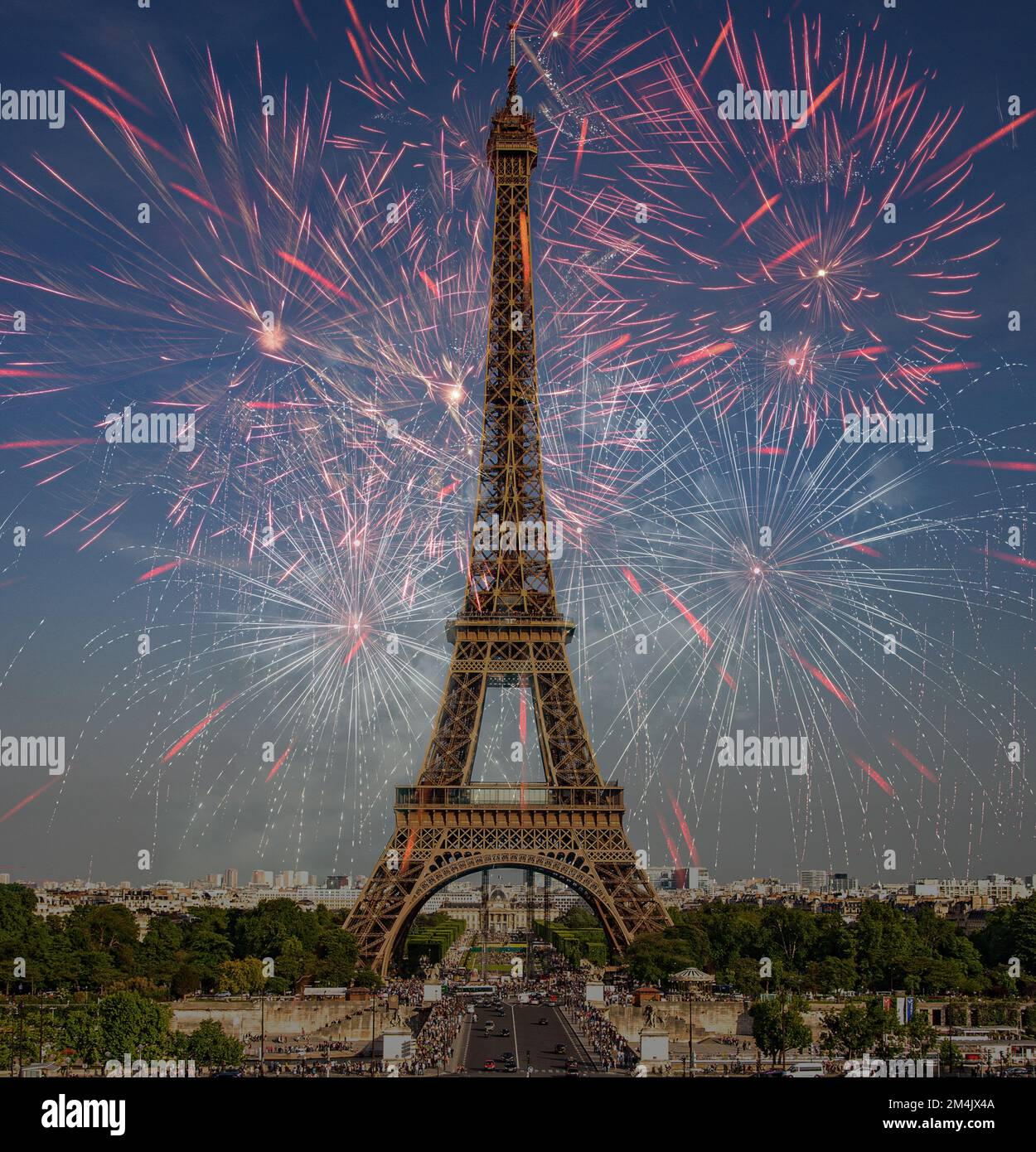 fireworks over the Eiffel tower New Year in Paris Stock Photo