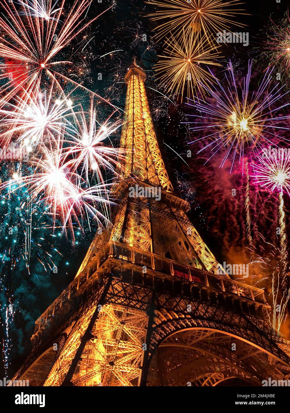 fireworks over the Eiffel tower New Year in Paris Stock Photo