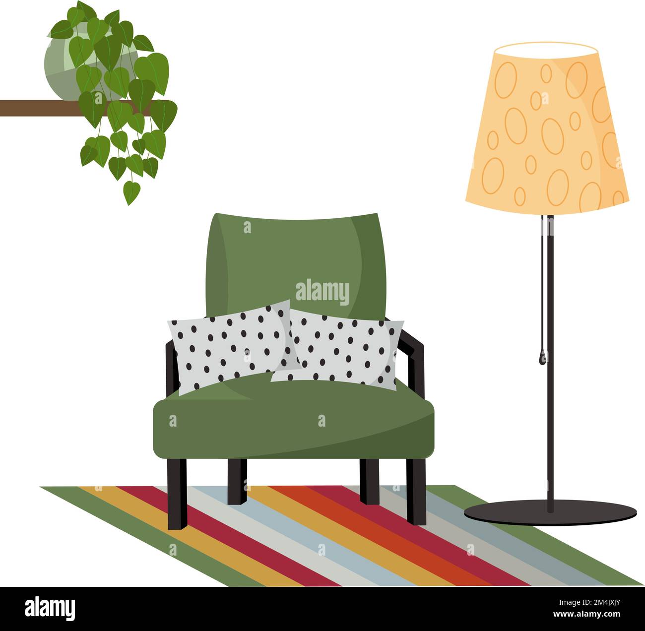 A cozy corner of the interior a green armchair with pillows and a floor lamp. Shelf with a