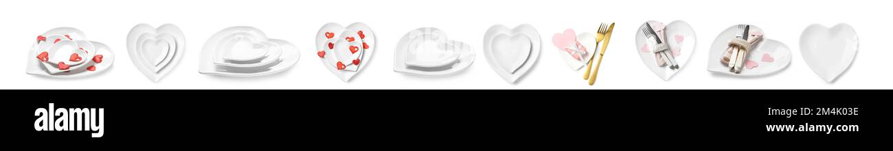 Set of beautiful heart shaped plates on white background Stock Photo ...