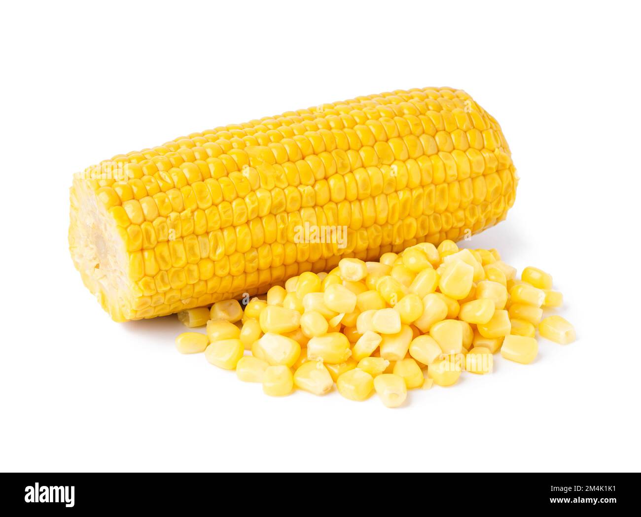 Corn cob and heap of kernels isolated on white background Stock Photo