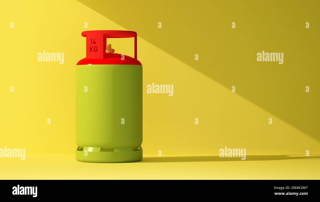green gas cylinder on a yellow background in a beam of light. 3d