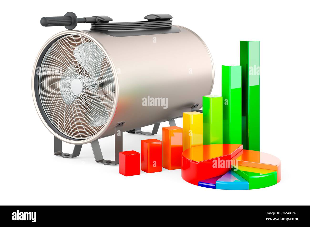 Blower heater with growth bar graph and pie chart, 3D rendering isolated on  white background Stock Photo - Alamy