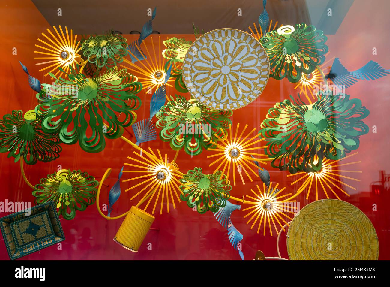 London, UK - 20 December 2022, Hermes Christmas showcase, colorful bags. Stock Photo