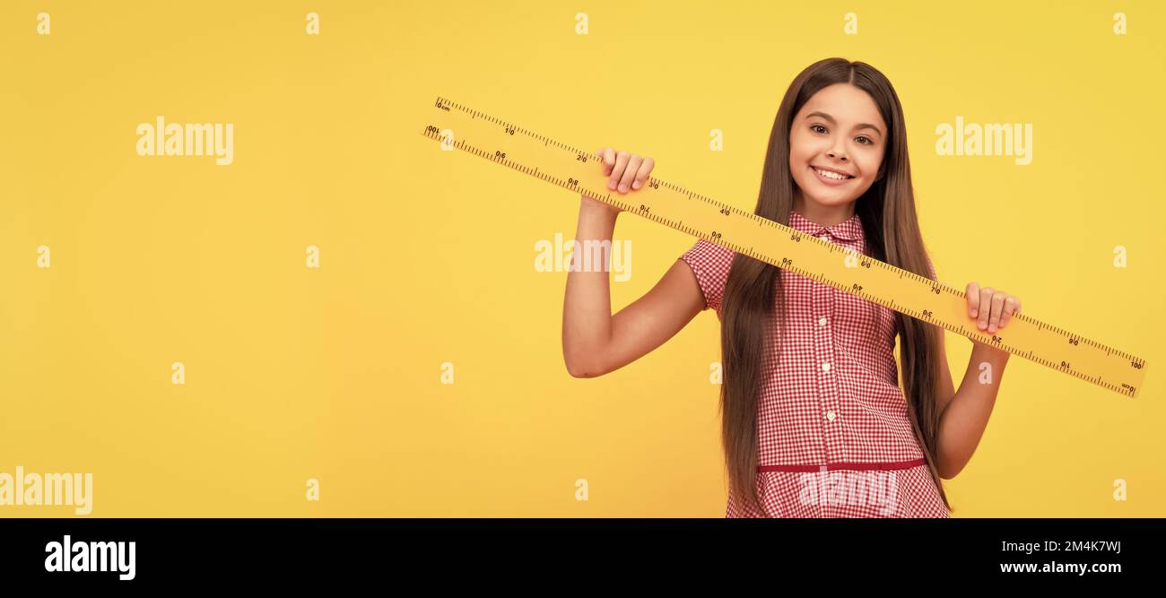 happy teen girl study math in school hold ruler, education. Banner of ...