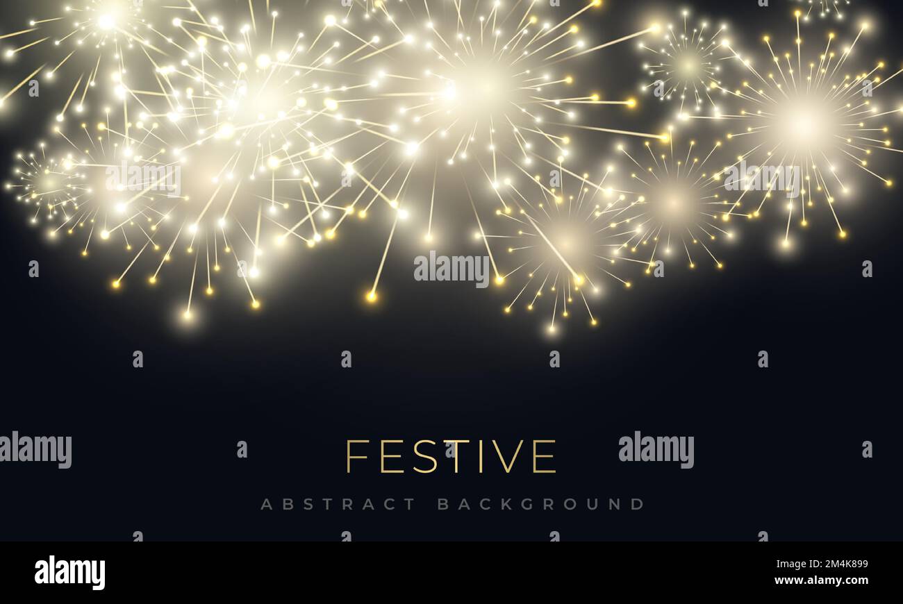 Festive background with brightly fireworks shining sparks. Firecrackers and celebration lights in night sky. Xmas and happy new year salute. Realistic Stock Vector