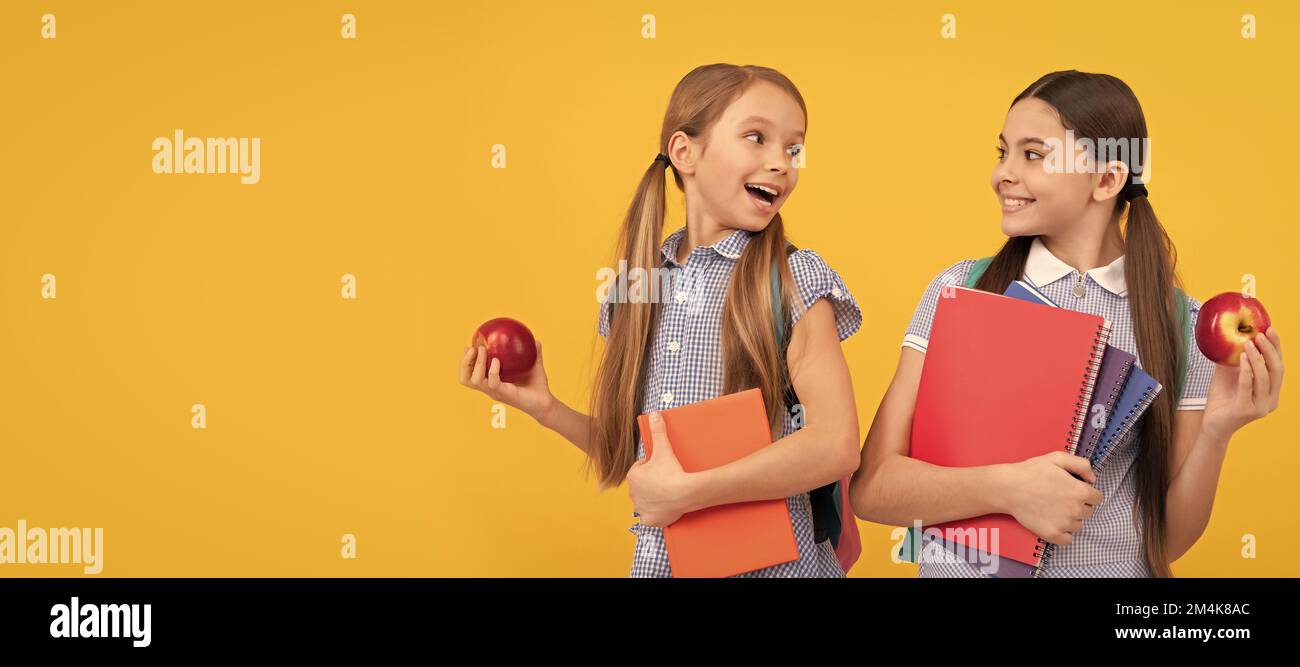 School girls friends. Get healthy back to school start. Happy kids hold books and apples. Portrait of schoolgirl student, studio banner header. School Stock Photo