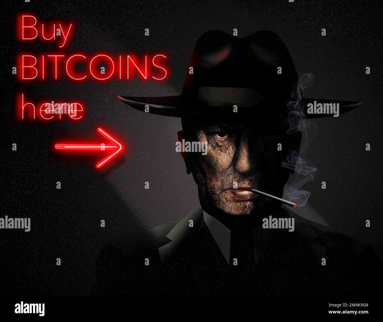 A neon sign indicates you can buy bit coins from a sinister looking and unreliable source in this 3-d illustration about bitcoin. Stock Photo