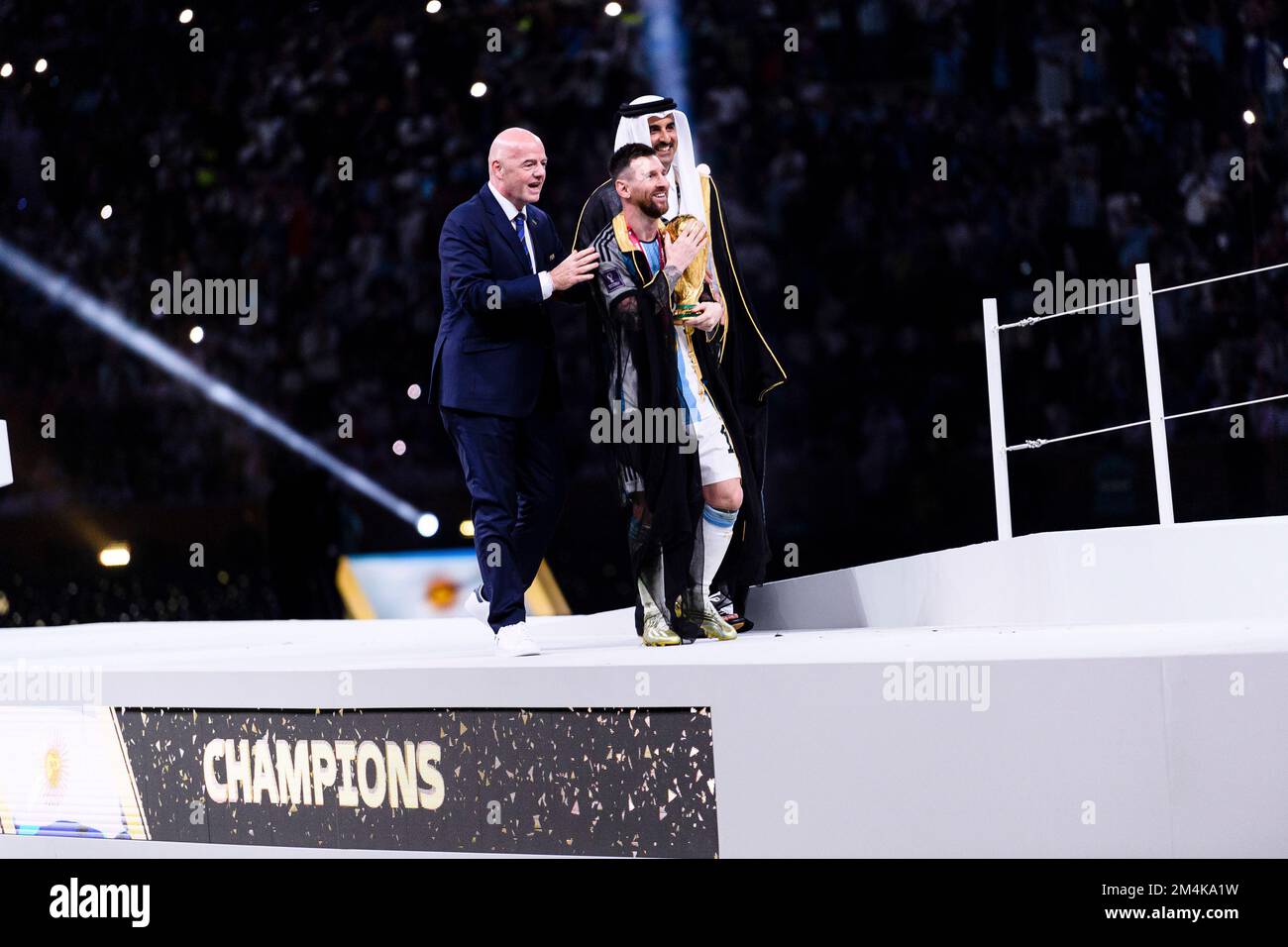 Lusail, Qatar. 18th Dec, 2022. Lusail Stadium Lionel Messi of Argentina receives Copa after Argentina won the 2022 FIFA World Cup after winning a penalty shootout after the match between Argentina x France ended in a 3-3 draw valid for the 2022 FIFA World Cup final held at the Lusail International Stadium, AD, Qatar (Marcio Machado/SPP) Credit: SPP Sport Press Photo. /Alamy Live News Stock Photo