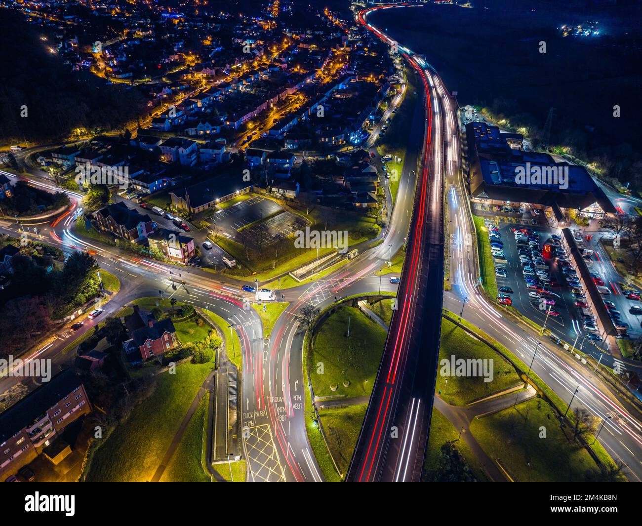 Night over Penn Inn Flyover and Roundabout from a drone Newton Abbot, Devon, England Stock Photo