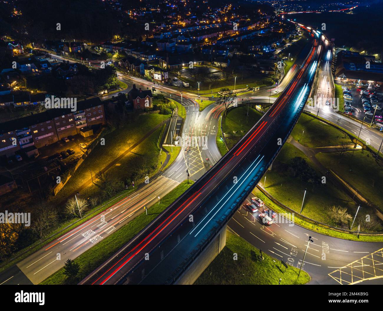 Night over Penn Inn Flyover and Roundabout from a drone Newton Abbot, Devon, England Stock Photo