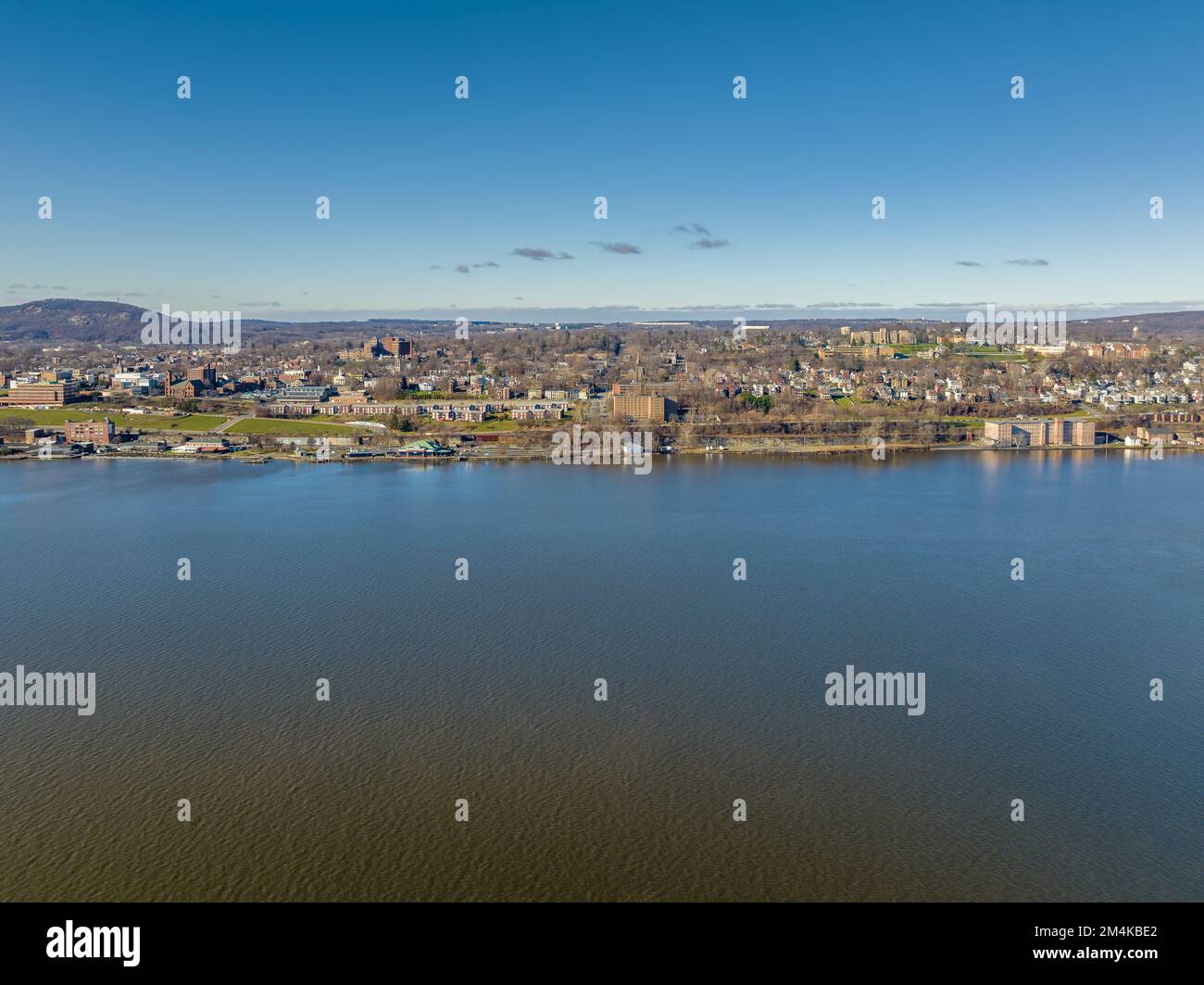 Scenic winter morning aerial photo of Beacon, NY USA from the Hudson