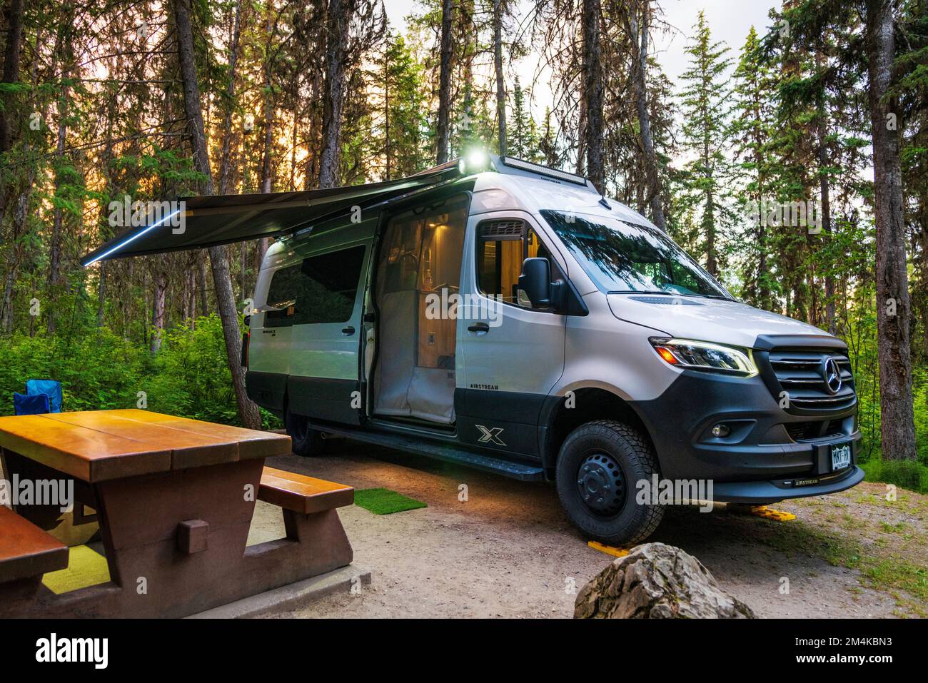 Dusk view of Airstream Interstate 24X 4WD campervan; Ten Mile Lake