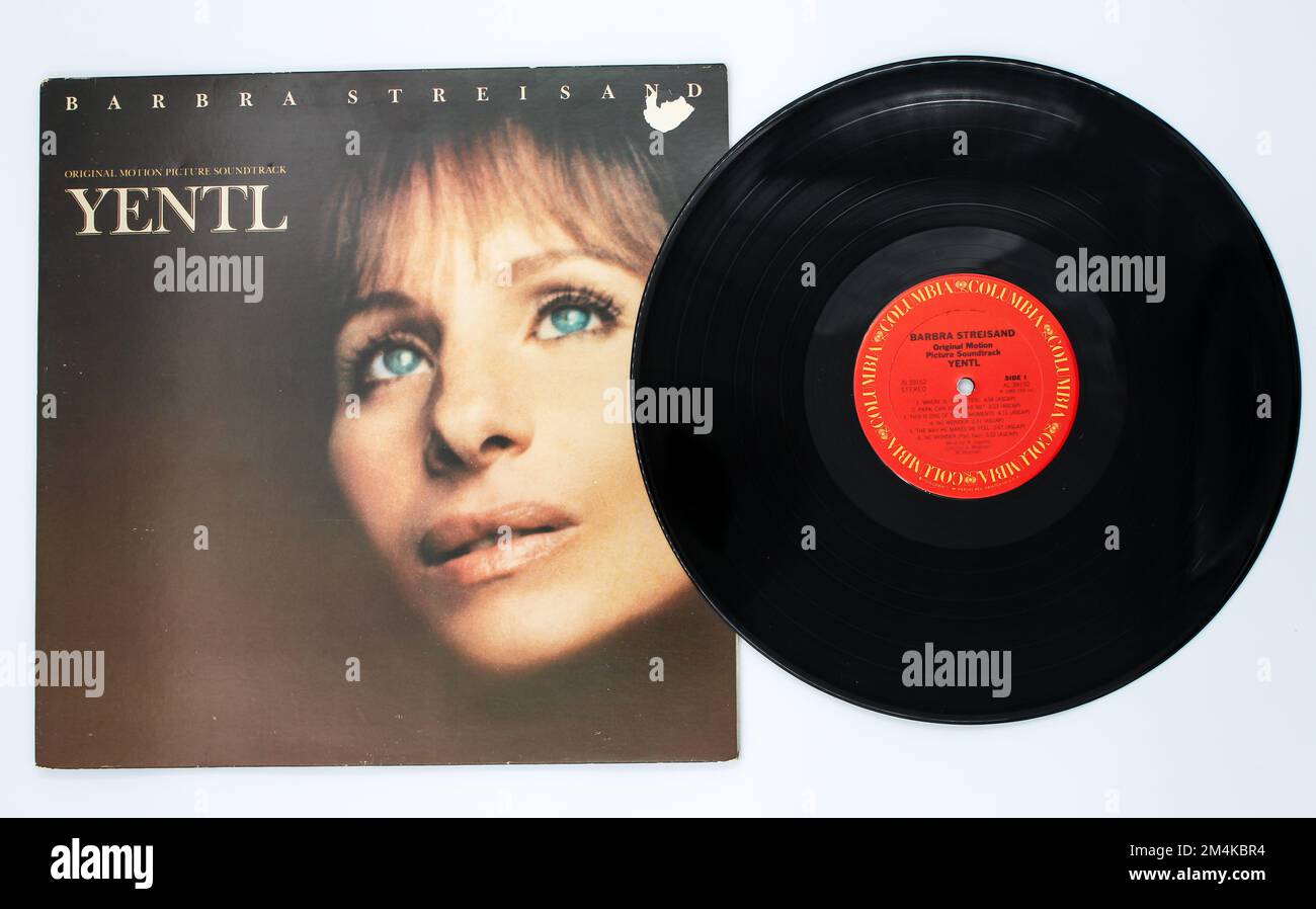 Yentl is a 1983 American romantic musical drama film starring Barbra Streisand. Soundtrack album on vinyl record LP disc album cover Stock Photo