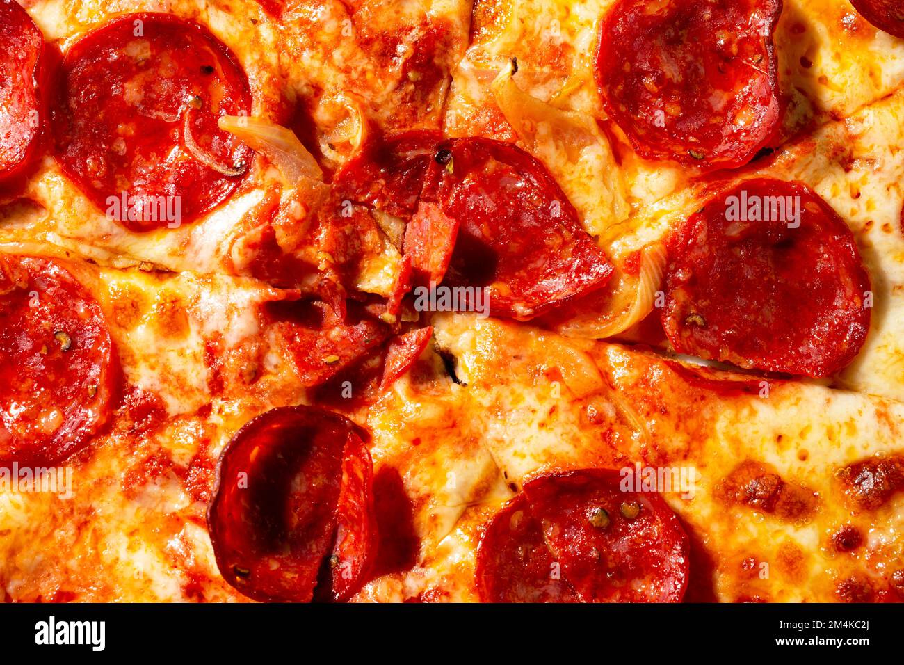 Salami pepperoni pizza texture with onion as background. A close shot