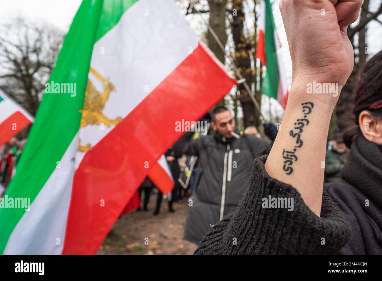 The Hague, Netherlands, 21/12/2022, Female protester during today's demonstration in The Hague, denouncing the Iranian regime, with tattoo that says: 'Woman Life Freedom'. A not too large, but very vocal group of Iranian supporters, staged a noisy protest this afternoon, they called for the Dutch House of Representatives to close the Iranian Embassy in the Netherlands and to expel its diplomates. Mass demonstrations erupted in Iran some weeks ago, after Security forces cracked down on protesters. Of the arrests made, two accounted for the sudden deaths of 22-year-old Mahsa Amin and 17-year-old Stock Photo