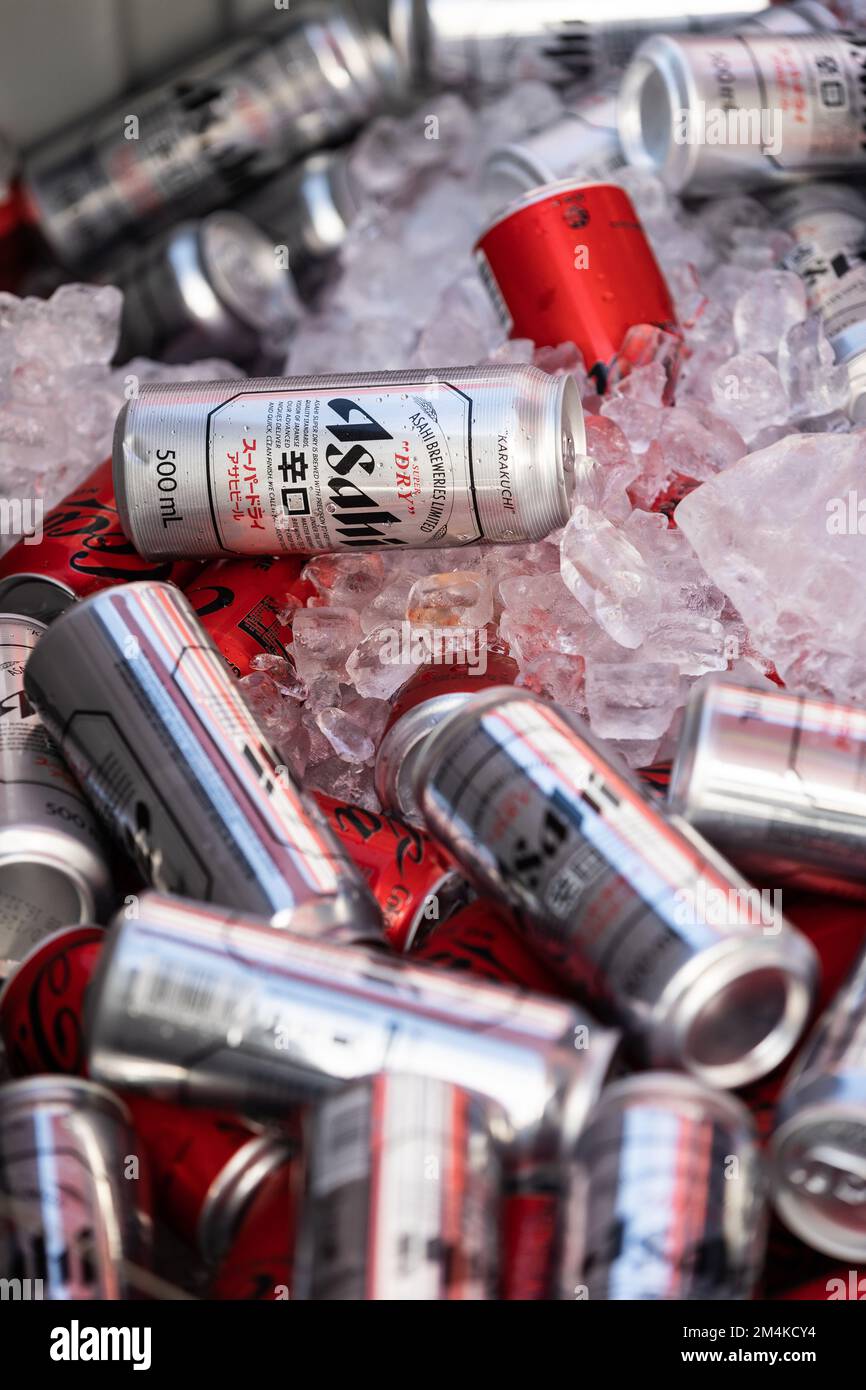 Cans of beer and Coca Cola in ice bucket Stock Photo Alamy