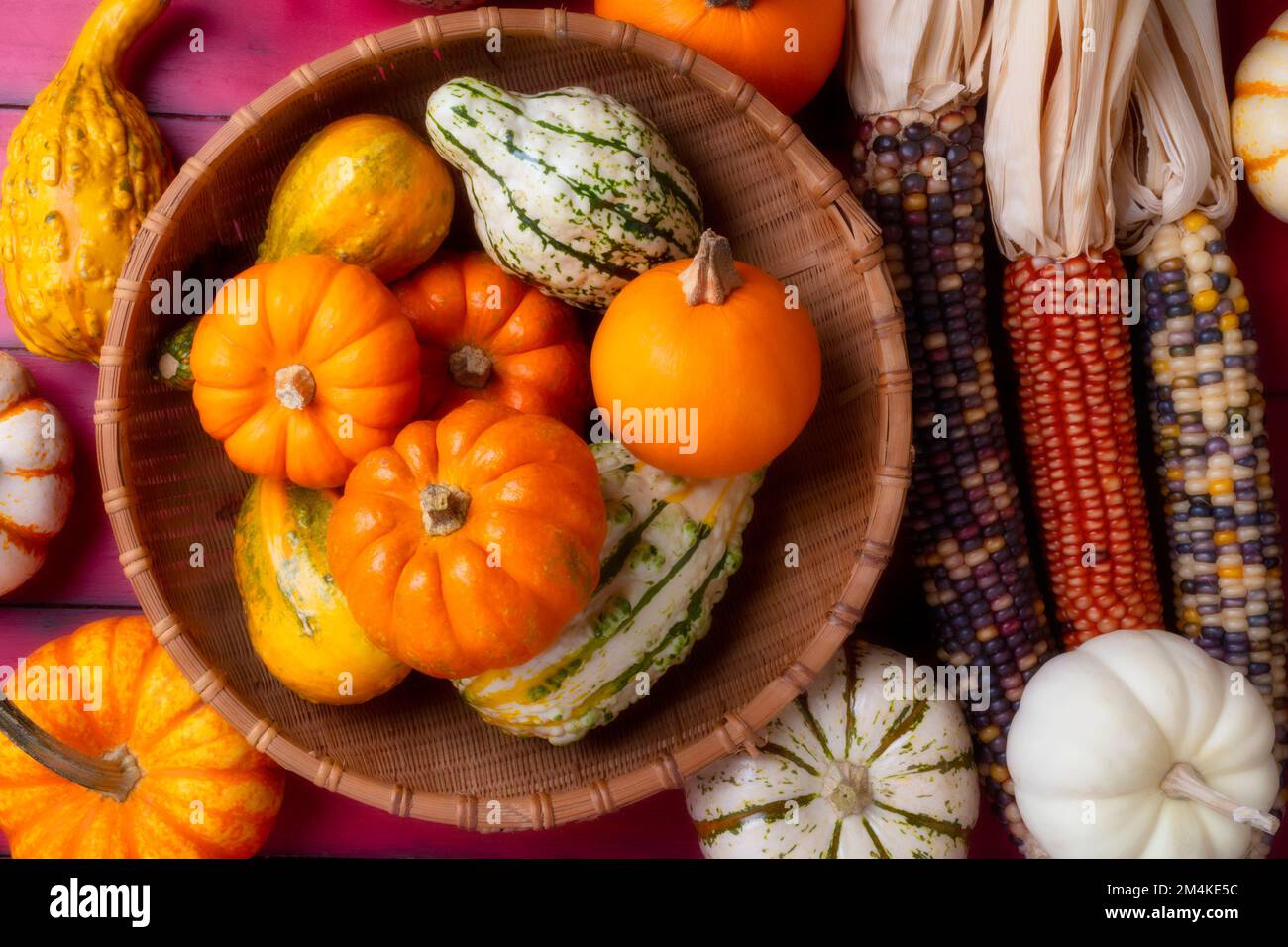 Wonderful Basket Full Of Small Pumpkins And Gourds Still life Stock Photo
