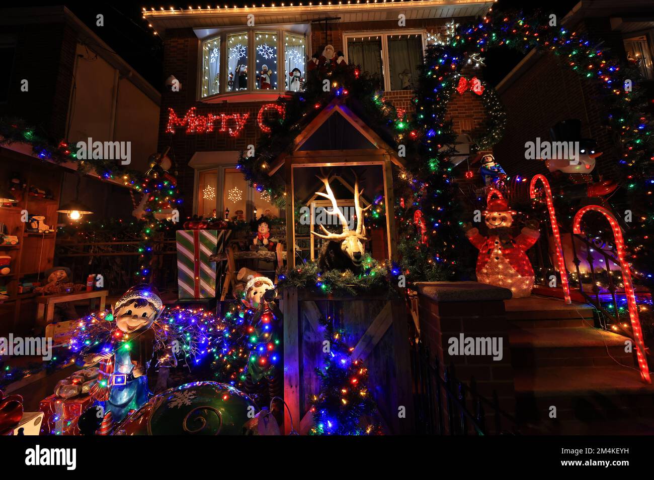 Christmas decorations and lights on display at a the Dyker Heights in