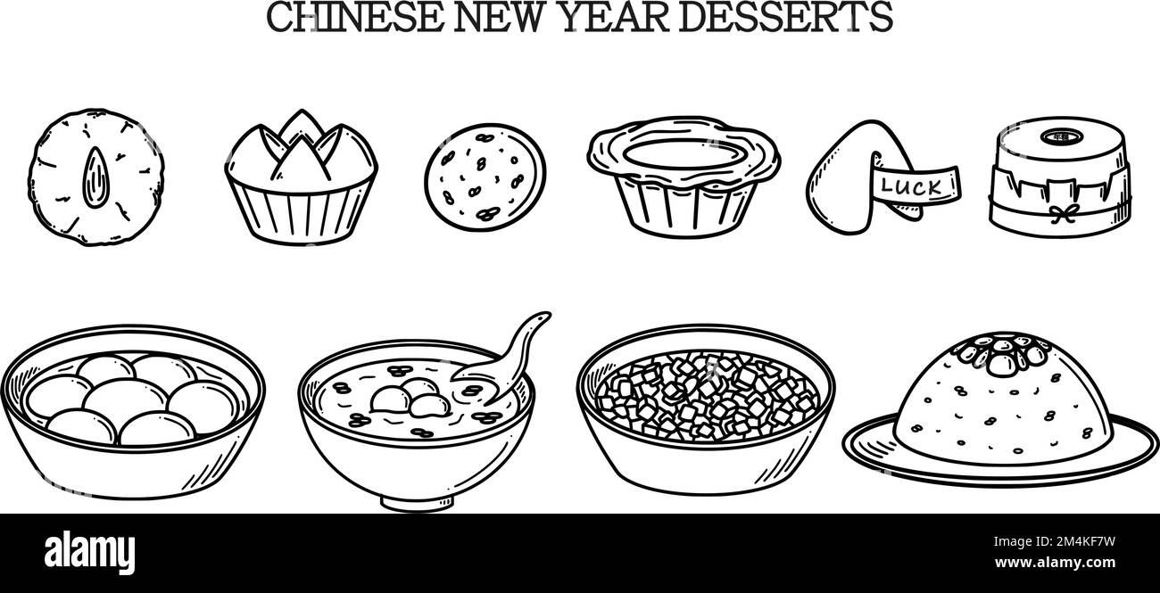 CNY celebration, Chinese New Year Desserts vector illustration in doodle style. Traditional Asian food cuisine drawing. Stock Vector