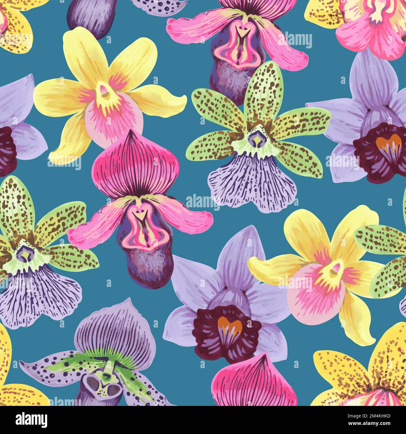 Vector seamless pattern with colorful psychedelic orchid flowers. Hand ...