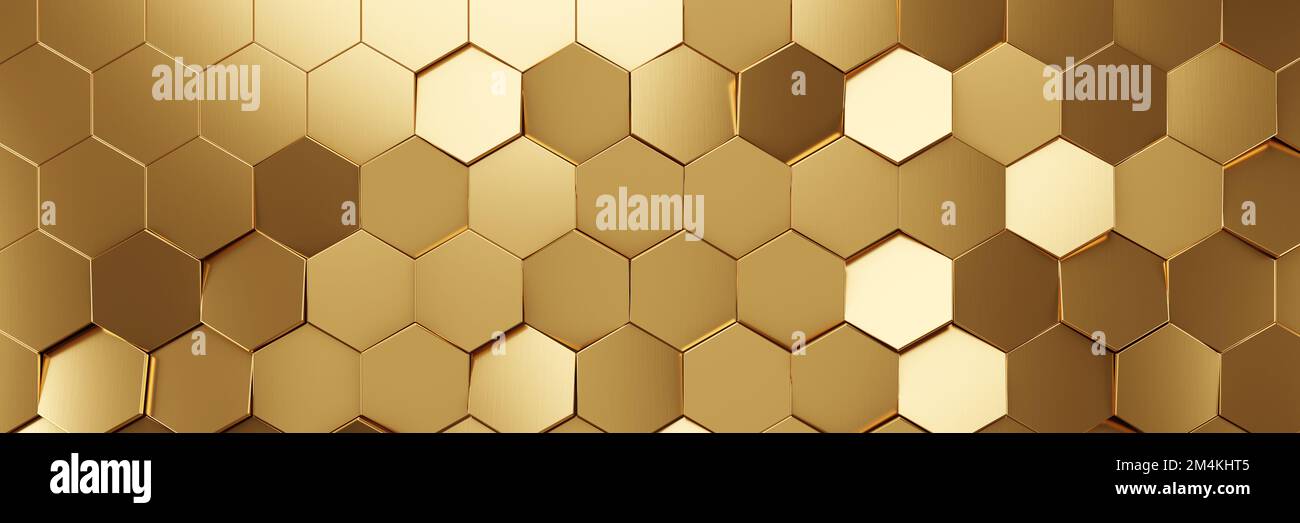 Gold metallic honeycomb and hexagon background pattern. 3d rendering Stock Photo
