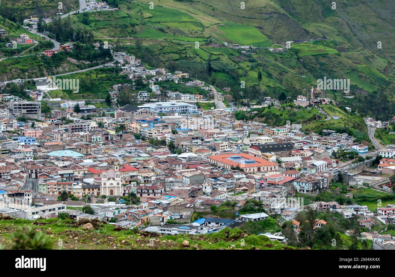 A view of Alausi which is a town in the Andean Highlands of Ecuador. The town is the starting point for the famous Devil's Nose railway journey along Stock Photo