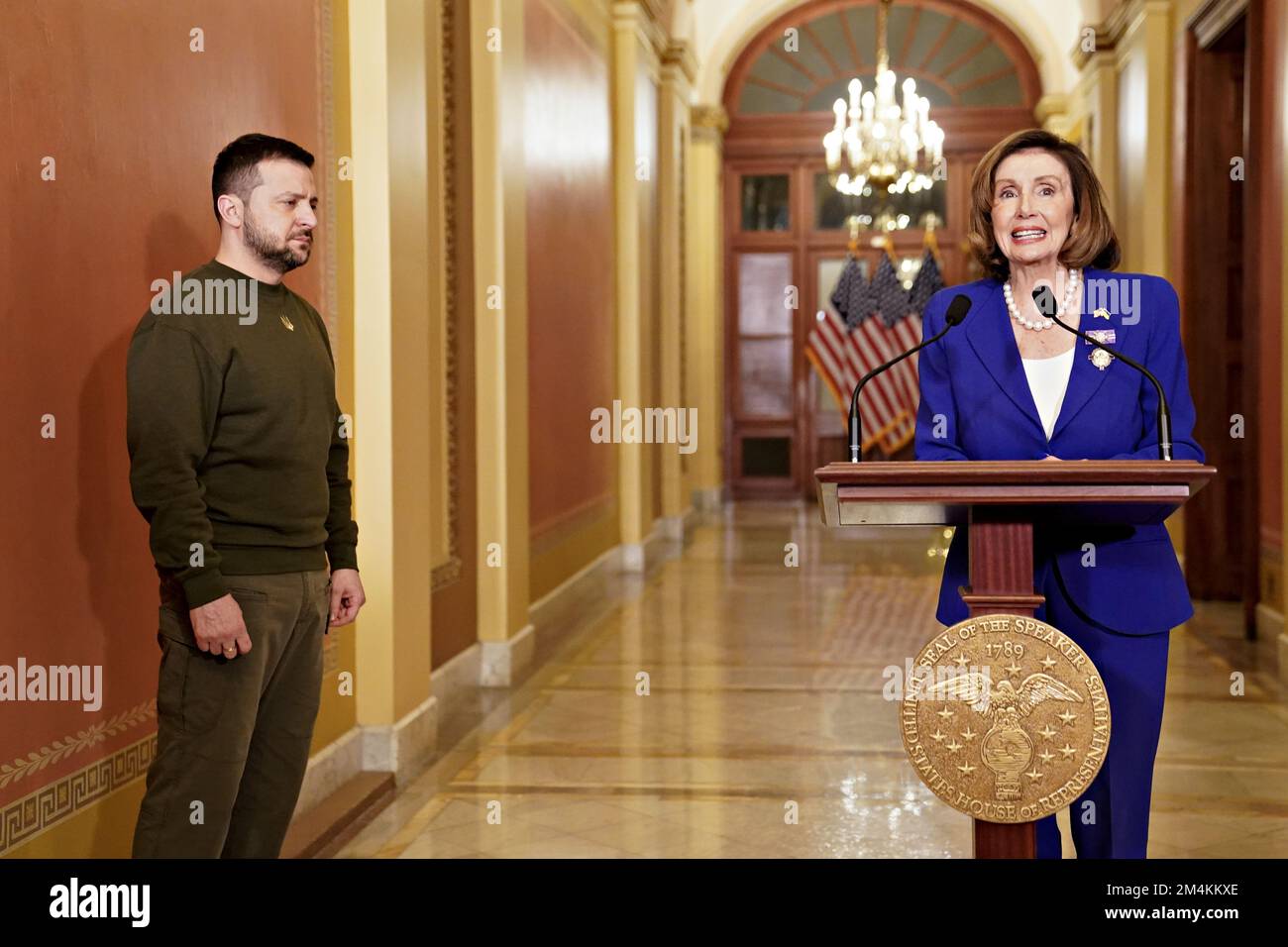 Washington, US, 21/12/2022, Speaker of the United States House of Representatives Nancy Pelosi (Democrat of California), speaks while meeting with President Volodymyr Zelenskiy of Ukraine, left, at the US Capitol in Washington, DC, US, on Wednesday, Dec. 21, 2022. President Biden welcomed Zelenskiy to the White House today as the Ukrainian president sought to firm up US support for Kyiv's defense against Russia in his first trip outside his country since Moscow's forces invaded. Credit: Nathan Howard/Pool via CNP /MediaPunch Stock Photo