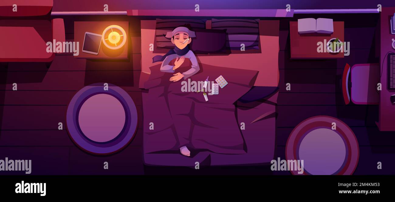 Sick woman lying in bed with fever. Night bedroom interior with sad girl under blanket top view. Vector cartoon illustration of ill woman character with thermometer in mouth and tablets on bed Stock Vector