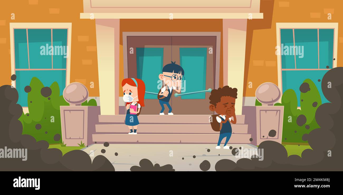 Kids cough from air pollution. Black smog clouds in front of school. Vector cartoon illustration