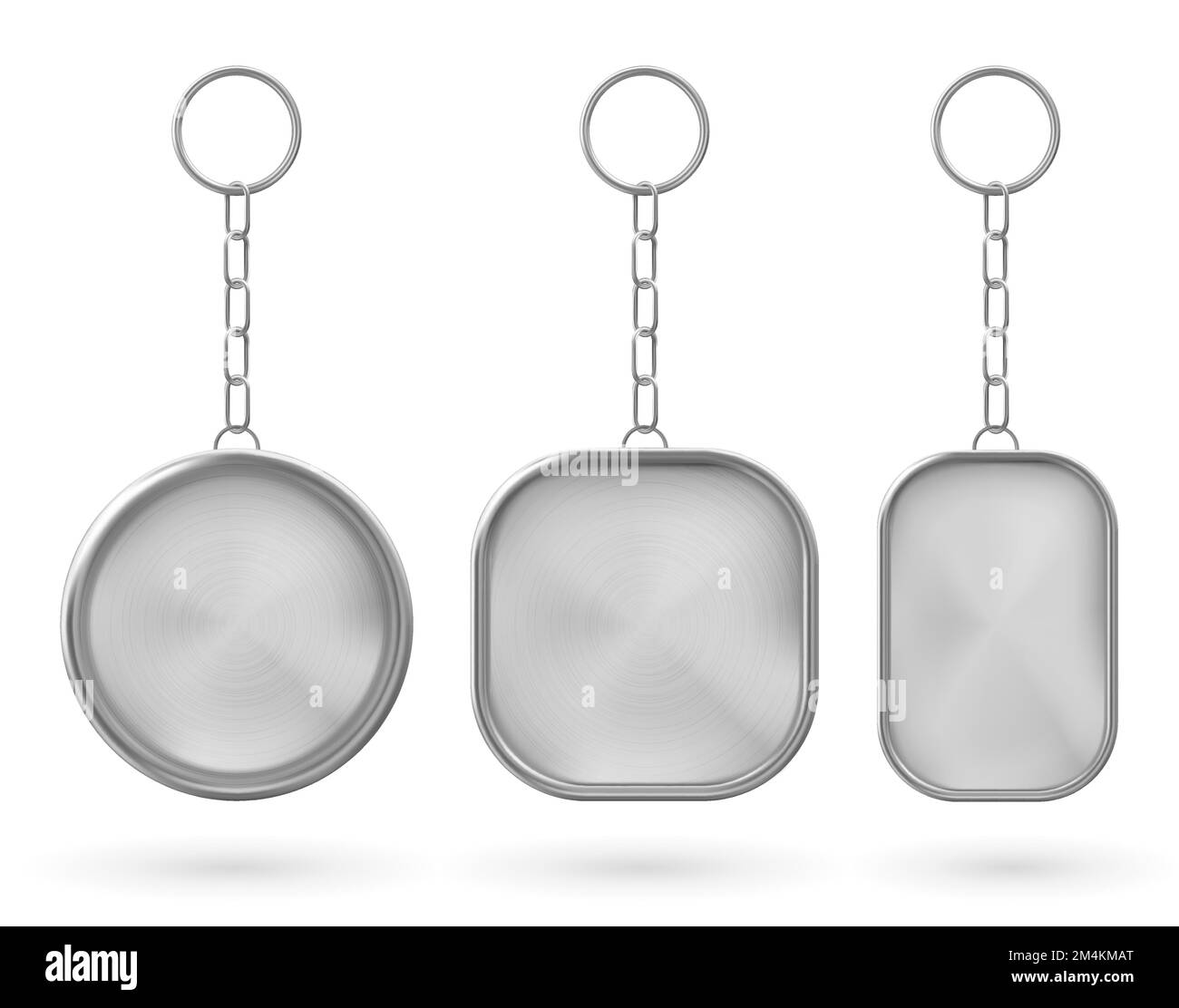 Silver keychain, holder trinket for key with metal chain and ring. Vector realistic template of steel fob for car, home or office isolated on white background. Blank accessory for corporate identity Stock Vector