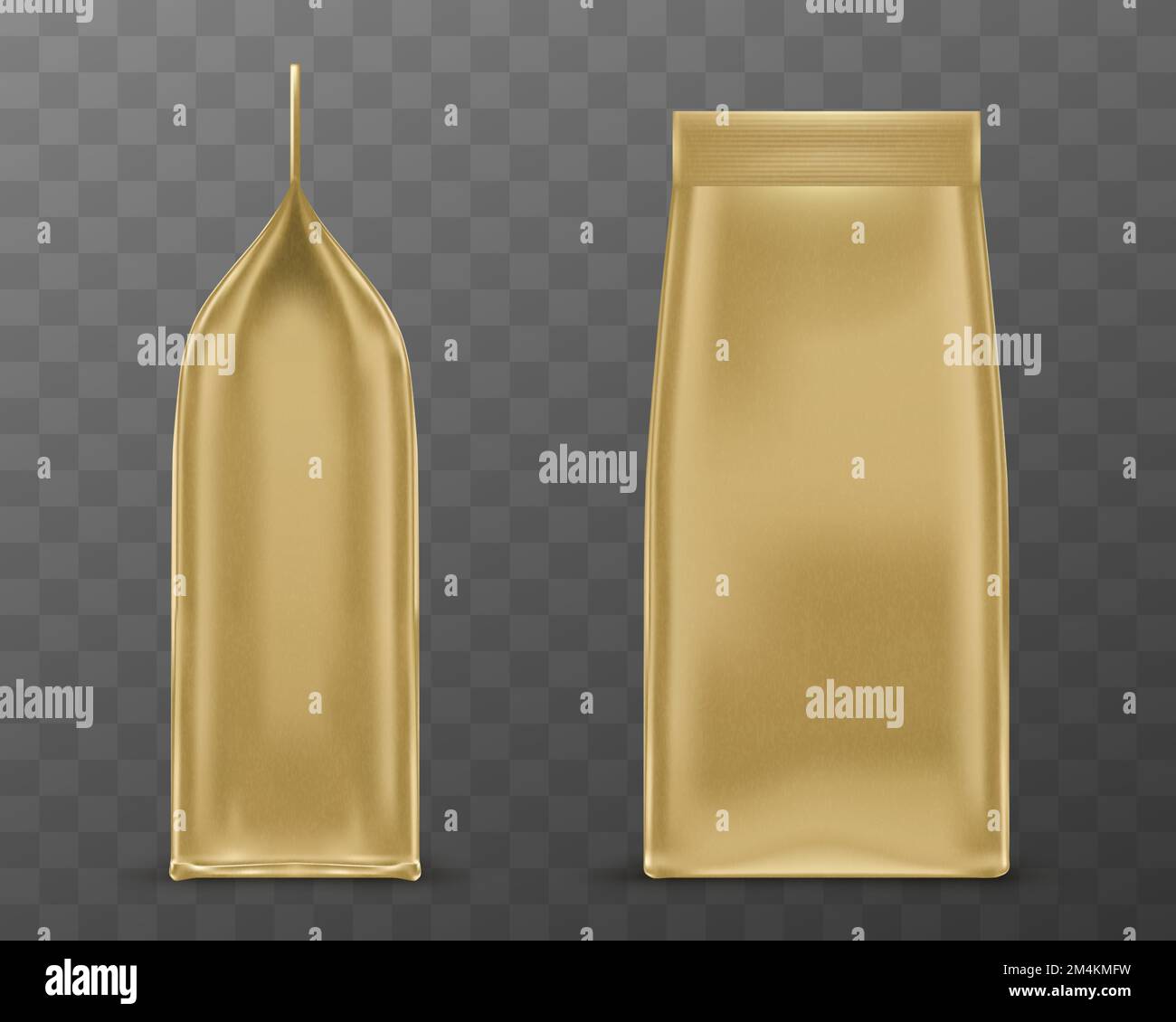 Golden doy pack, pouch paper or foil bag side and front view. Sachet with clip isolated on transparent background. Food or cosmetics product blank package mock up. Realistic 3d vector illustration Stock Vector