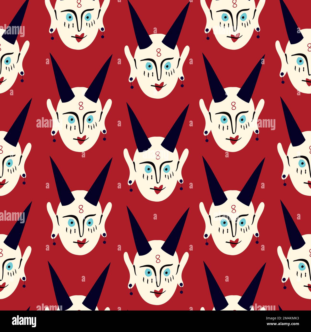Pattern of Funky demon head with a creepy ugly face. Freaky comic demon with horns. Vector illustration doodle style Stock Vector
