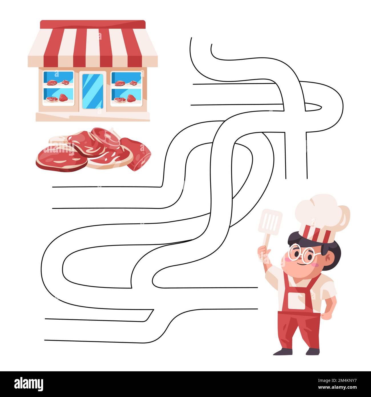 Game maze template of children activity illustration of butcher finding way to store beef meat Stock Vector
