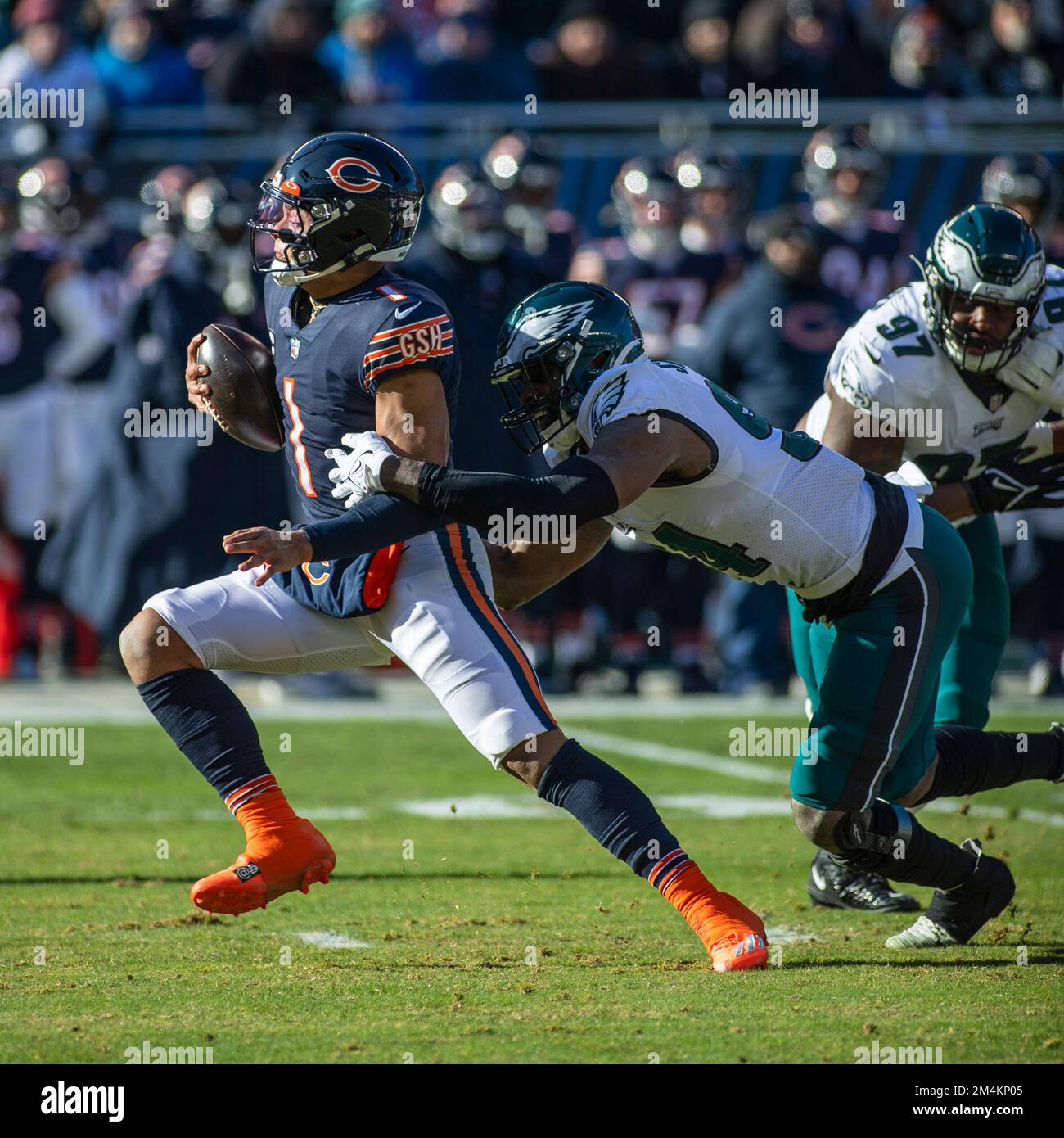 December 18, 2022: Chicago Bears quarterback #1 Justin Fields is sacked by  Eagles #7 Haason Reddick during a game against the Philadelphia Eagles in  Chicago, IL. Mike Wulf/CSM/Sipa USA(Credit Image: © Mike