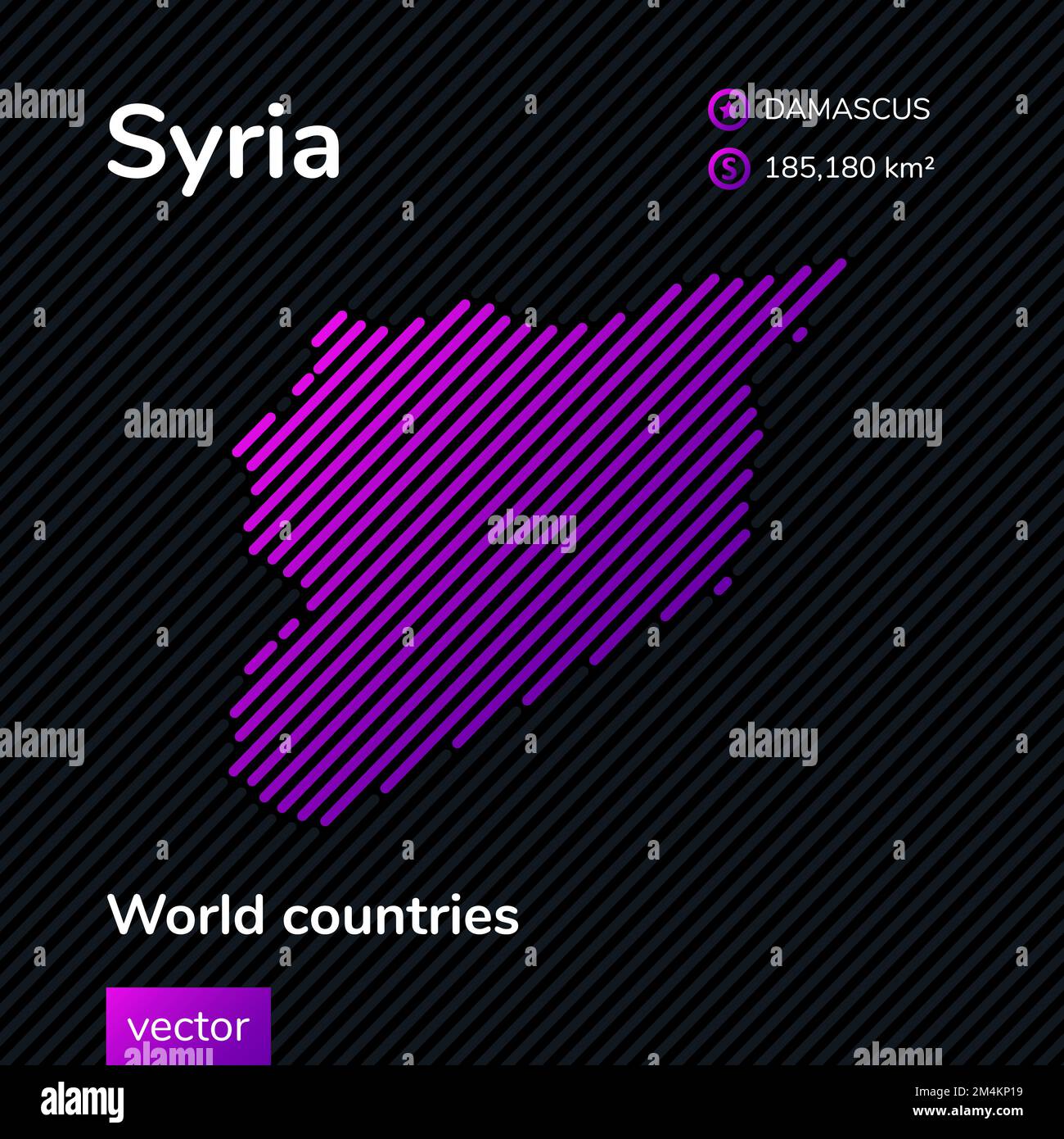 Vector creative digital neon flat map of Syria with violet, purple, pink striped texture on black background. Educational banner, poster about Syria Stock Vector