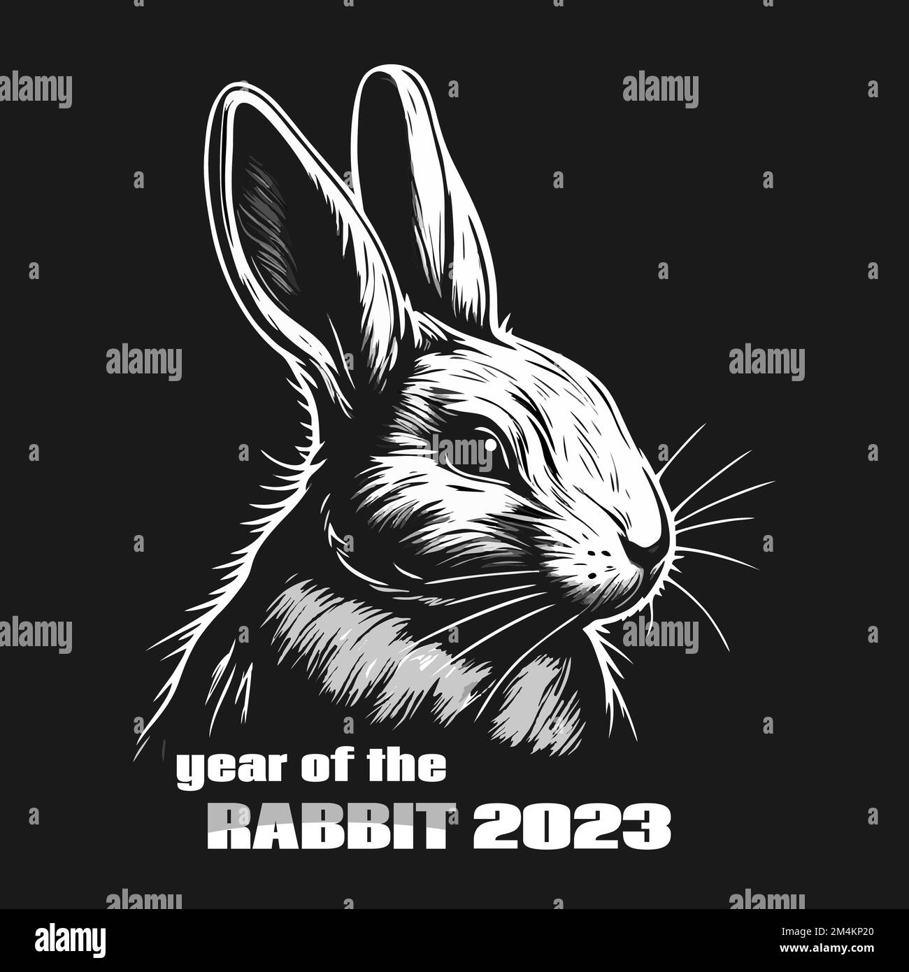 The year of the rabbit 2023. Black and white rabbit logo isolated on a black background. Vector