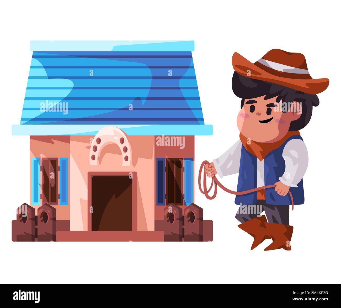 Cowboy sheriff kids pose in front of home house drawing illustration Stock Vector