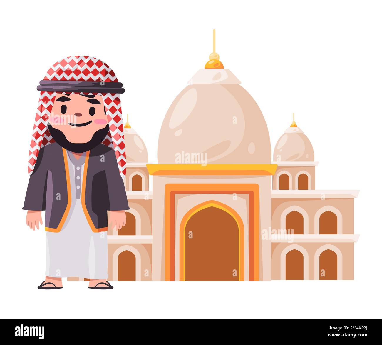 Arab Islam people wearing head cover kaffiyeh pose standing in front of mosque building drawing illustration Stock Vector