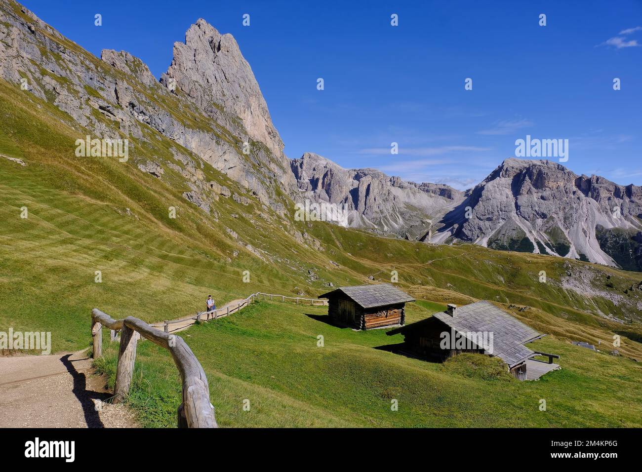 Single walker on path at Geislerspitzen massif on Seceda with grass, huts and view to Odle mountains, Val (Valley) Gardena, Dolomites, Italy Stock Photo