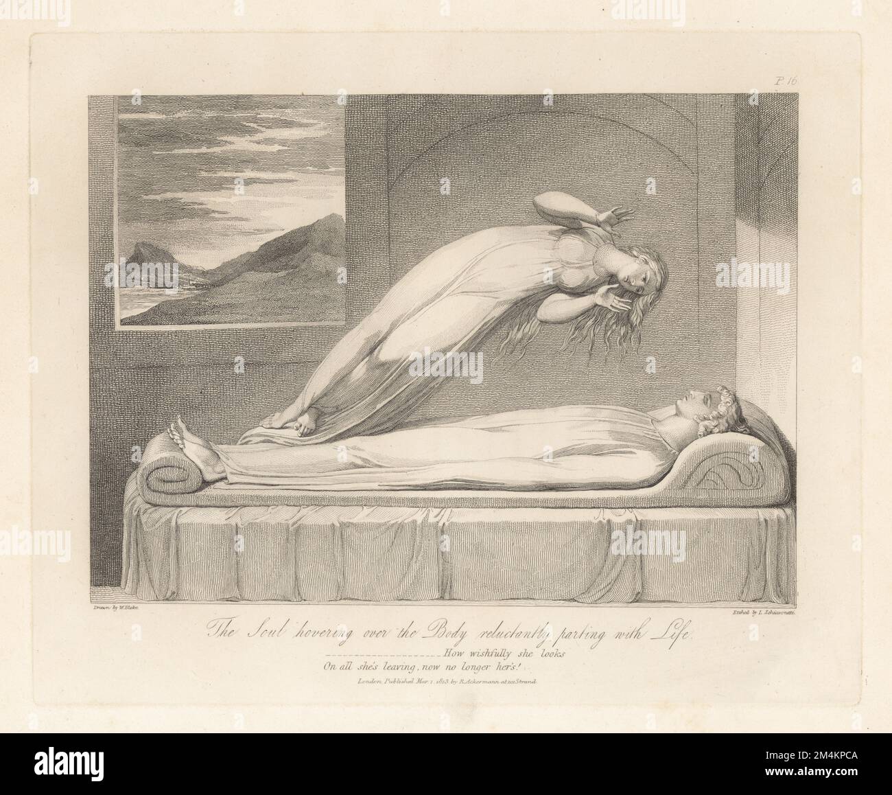 The Soul hovering over the Body reluctantly parting with Life (Plate VI). A woman's spirit looks down with shock at her corpse in a shroud on her deathbed. Mountains and clouds visible through a window. Copperplate engraving by Louis Schiavonetti after an original drawing by William Blake from Robert Blair’s The Grave, T. Bensley for Rudolph Ackermann, 1813. Stock Photo