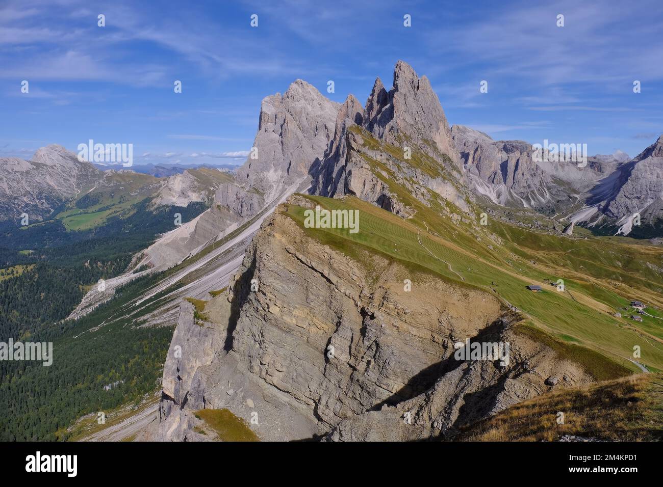 Geislerspitzen massif on Seceda with view to Odle mountains, Val (Valley) Gardena, Dolomites, South Tyrol, Italy Stock Photo