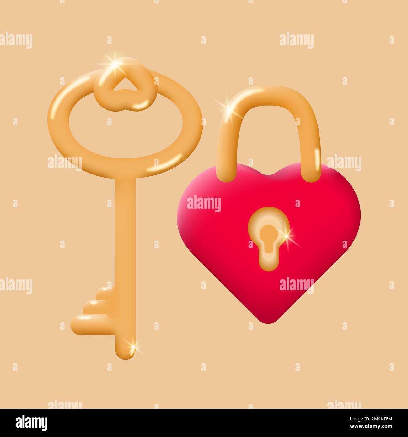 Key to heart. Golden key and lock in the shape of a heart with a keyhole 3d. The concept of celebrating Valentine's Day, love and marriage. Cute Stock Vector