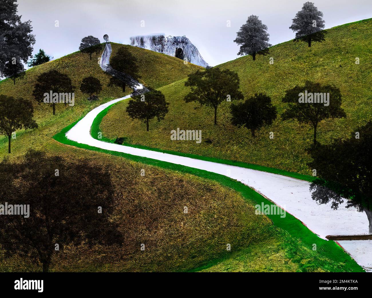Abstract illustration of bright winding path between cone shaped green hills with single trees, made with genearative AI Stock Photo