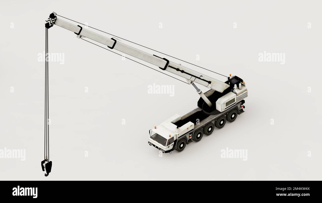 A 3D render of a crane truck prototype model isolated on a white