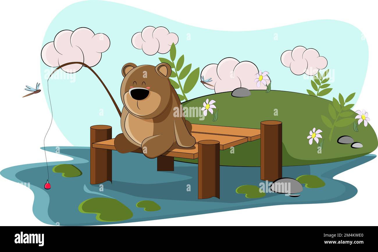 A cute bear cub is fishing by the lake in nature sitting on the pier ...