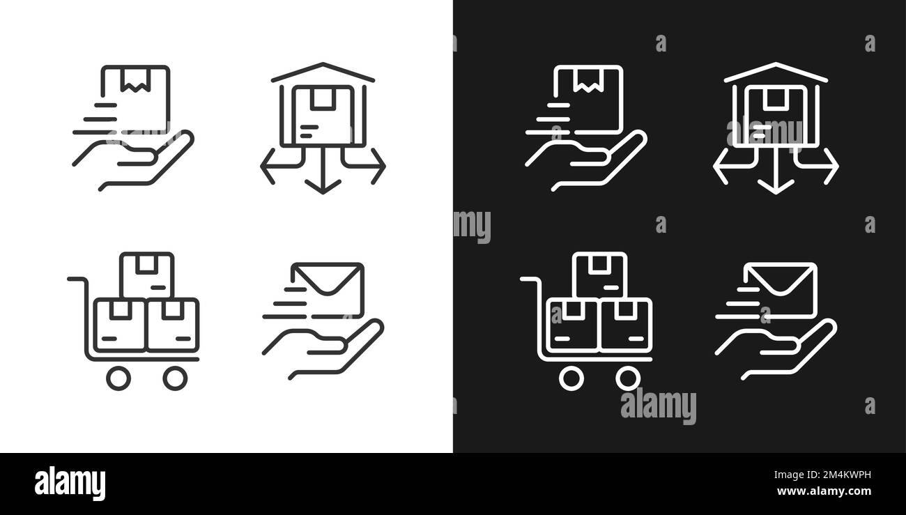 Shipping service pixel perfect white linear icon for dark themes set ...