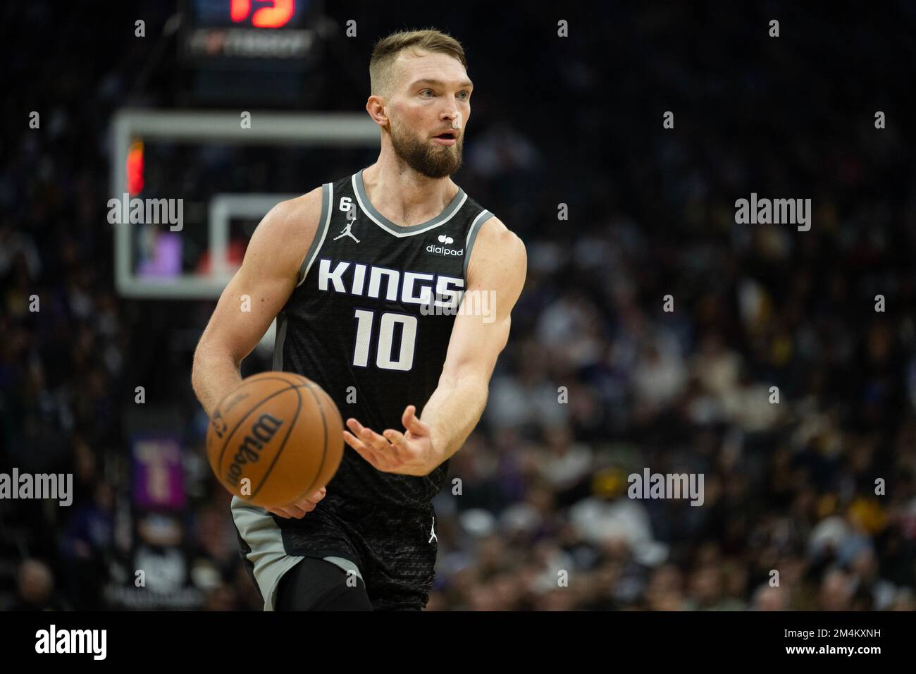 Sacramento, CA, USA. 9th Feb, 2022. Sacramento Kings center Domantas Sabonis  (13) reacts after basket in the fourth quarter during a game at Golden 1  Center on Wednesday, Feb. 9, 2022 in