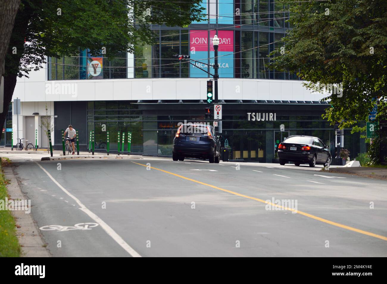 Bell Road, an urban street with painted bike lanes, in Halifax, Nova Scotia, Canada Stock Photo